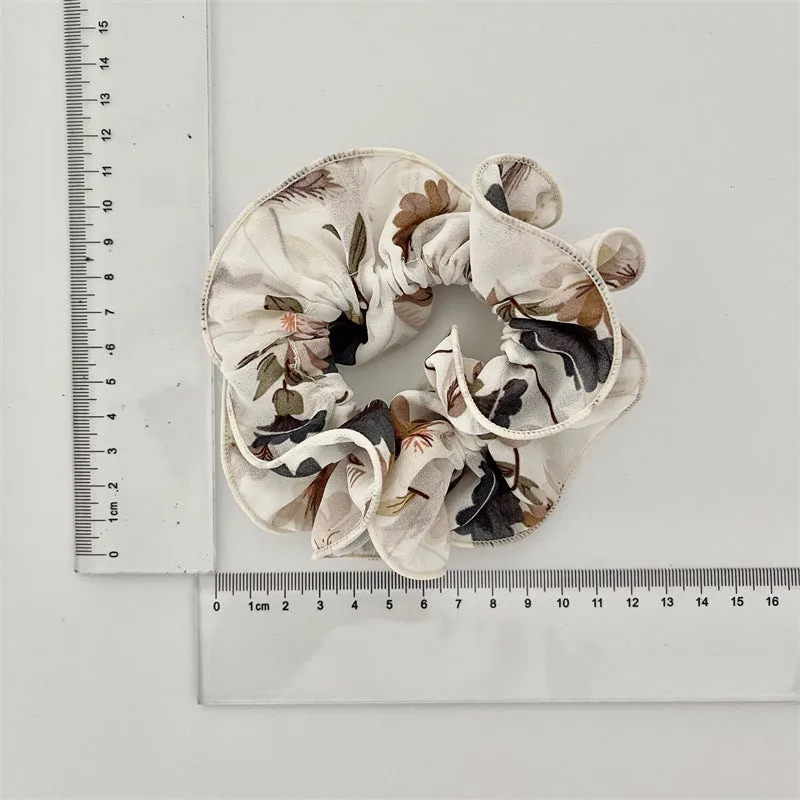 Oversized Scrunchie Floral Print Pleated Chiffon Hair Bands Elastic Ponytail for Women
