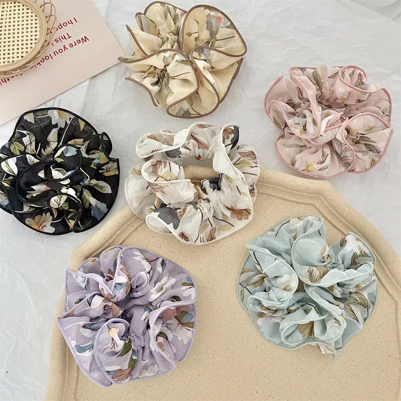 Oversized Scrunchie Floral Print Pleated Chiffon Hair Bands Elastic Ponytail for Women