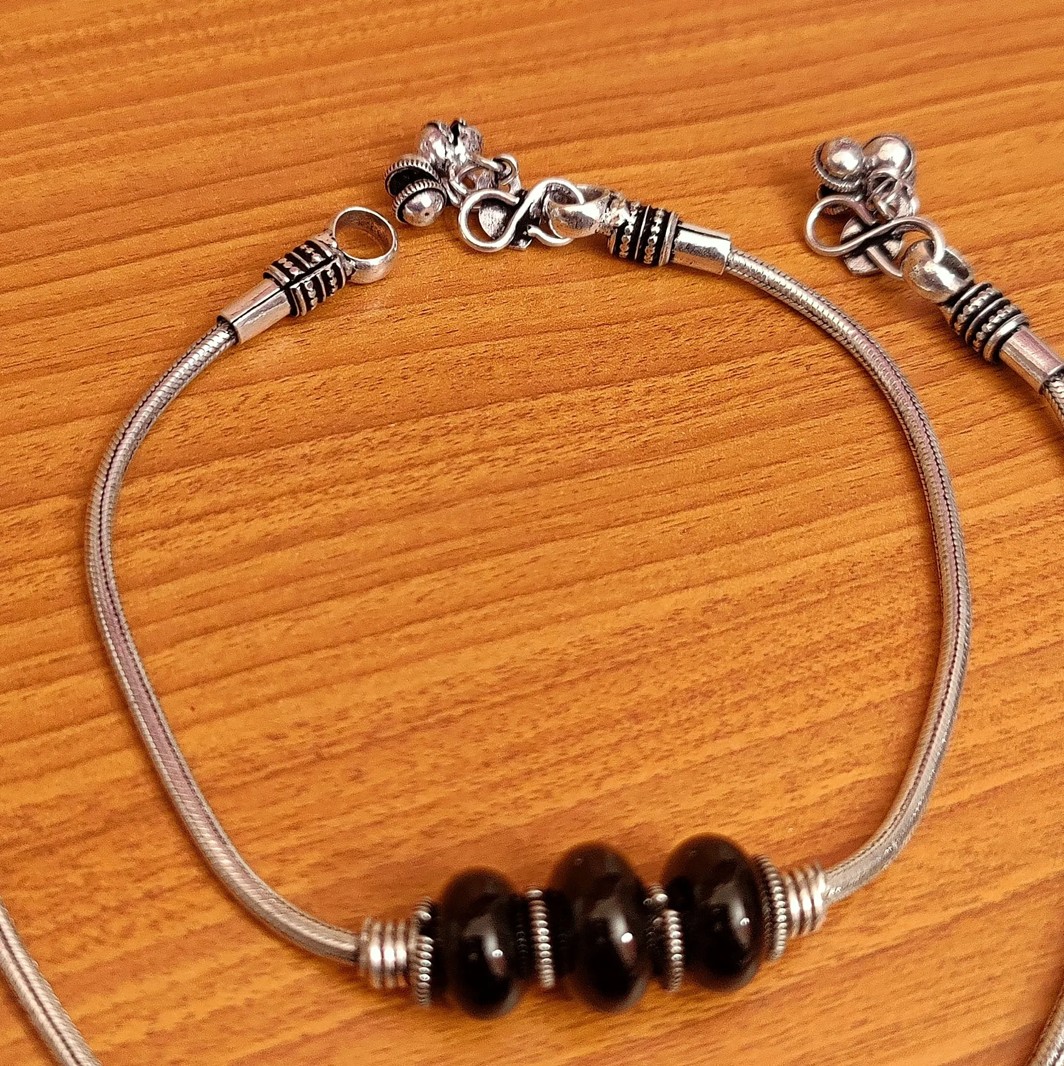 OXIDISED SILVER LOOK BLACK BEADS ANKLETS