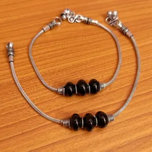 OXIDISED SILVER LOOK BLACK BEADS ANKLETS