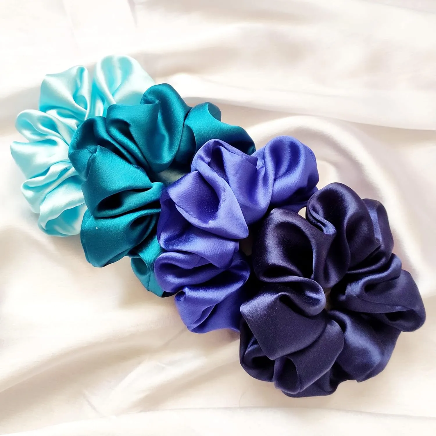 Pack of 4 Hair Scrunchies Combo for Women Girls, Soft Satin Scrunchy Hair Tie Ponytail Holder for All Type Hairs and Wrist - Blue Love