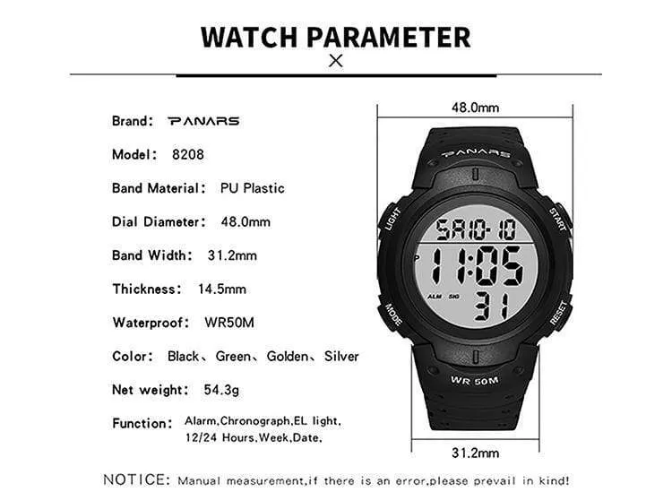 Panars 8208 Gold Digital Waterproof Heavy Duty Wrist watch For Men