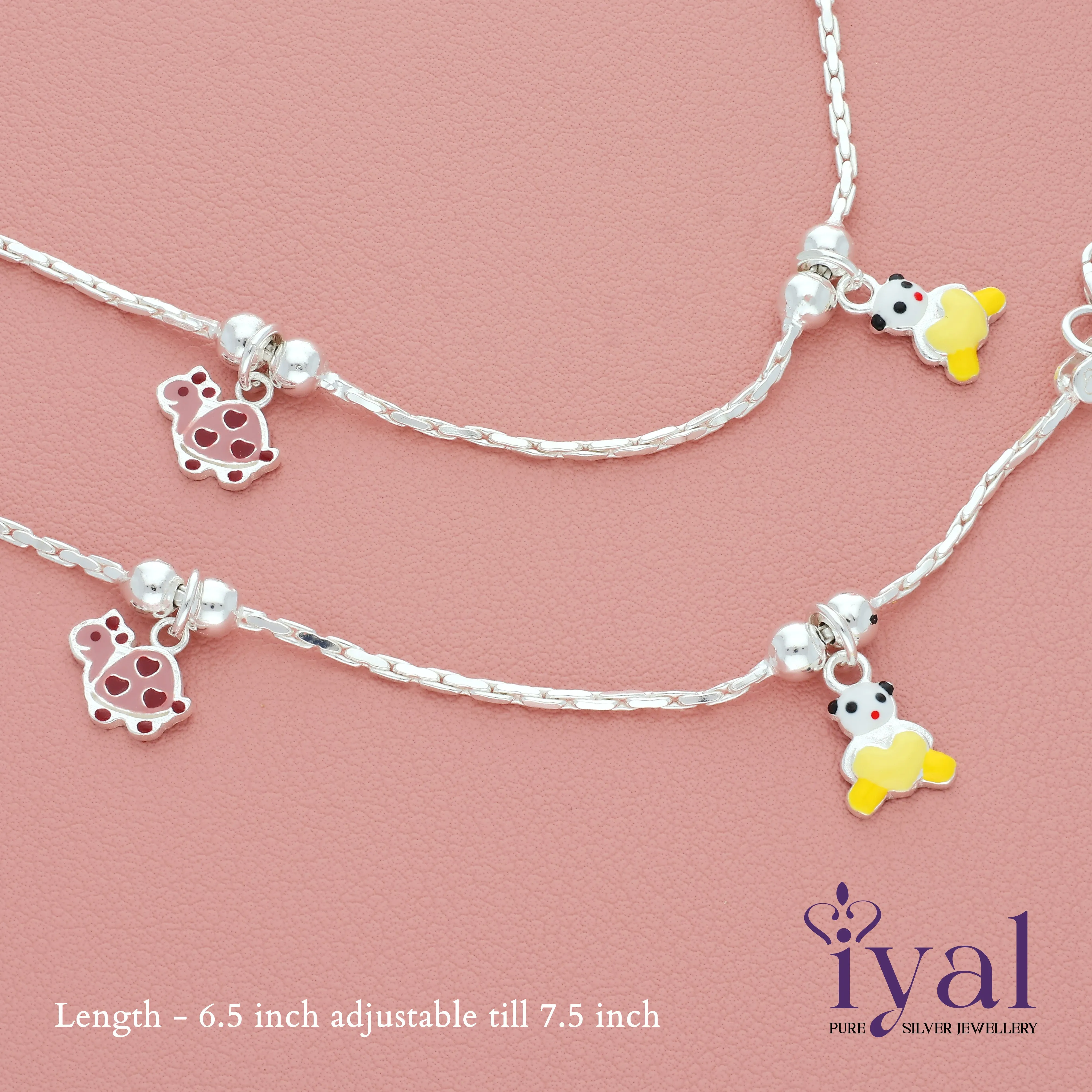Panda and Tortoise Silver Anklet for Kids(3-5yrs)