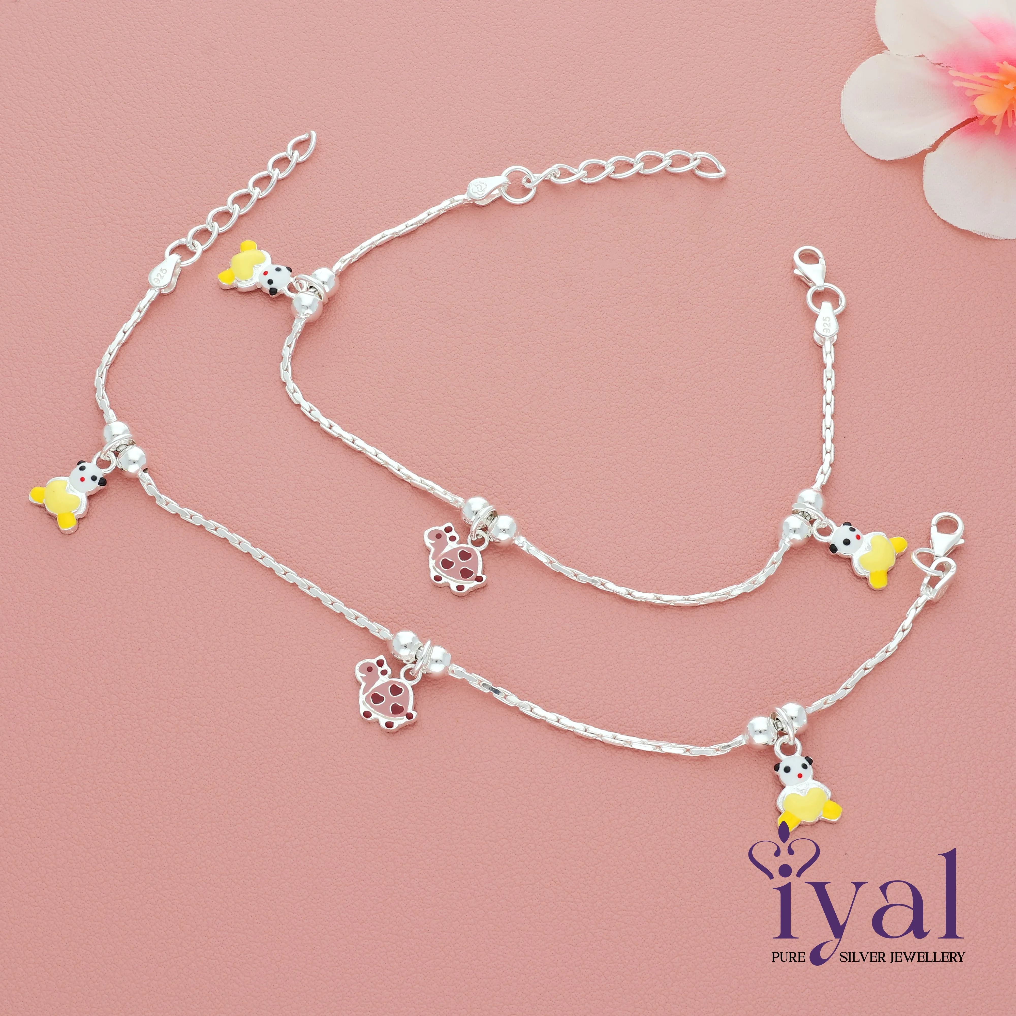 Panda and Tortoise Silver Anklet for Kids(3-5yrs)
