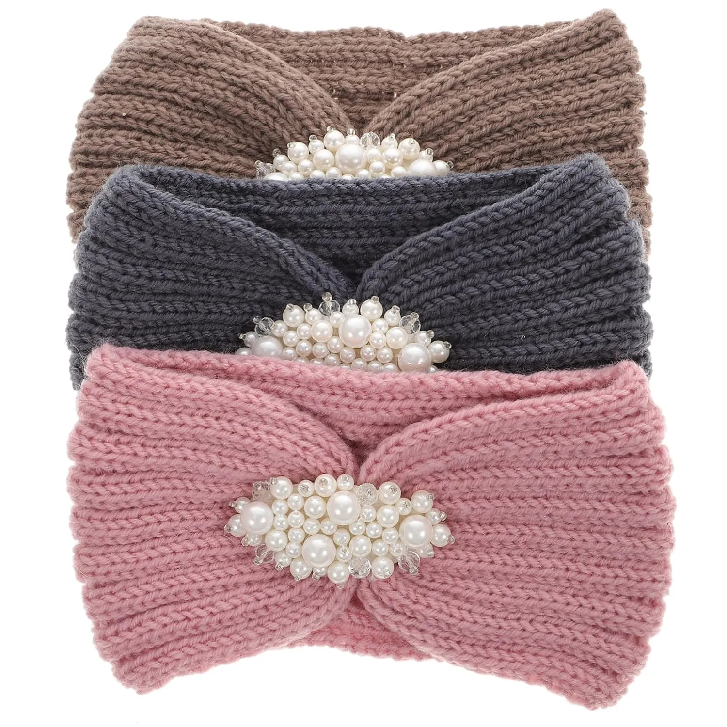 PartyKindom Warm Headbands for Women Knitted Ear Warmers Pearl Design Headwrap 3 Pack