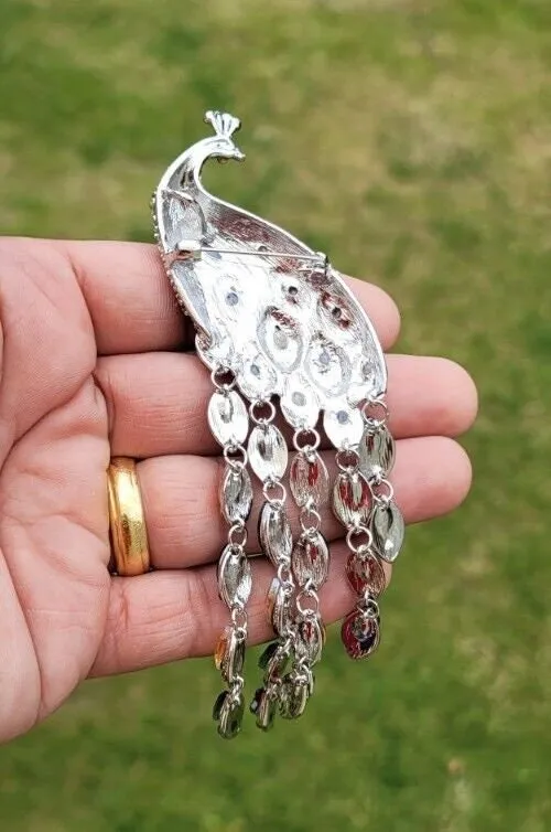 Peacock designer brooch vintage look silver plated celebrity broach pin k42