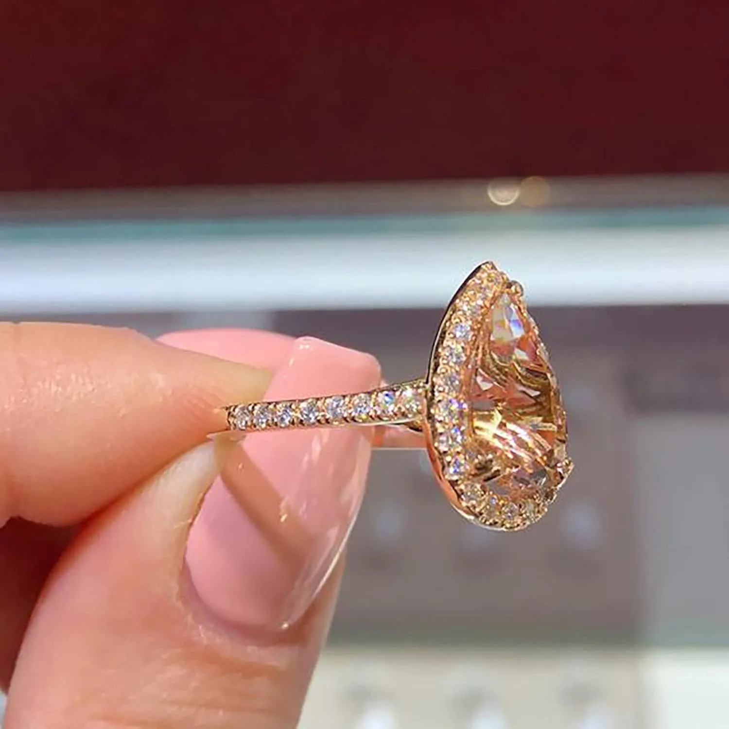 Pear Shaped Cut Vintage Engagement Ring Rose Gold Luxury Wedding Bands Minimalist Exquisite Jewelry