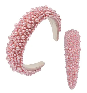 Pearl Headband Pink Headband for Women Fashion Headband Headpieces For Birthday Wedding Cute Thick Beaded Padded Hair Accessories For Women Giftpink