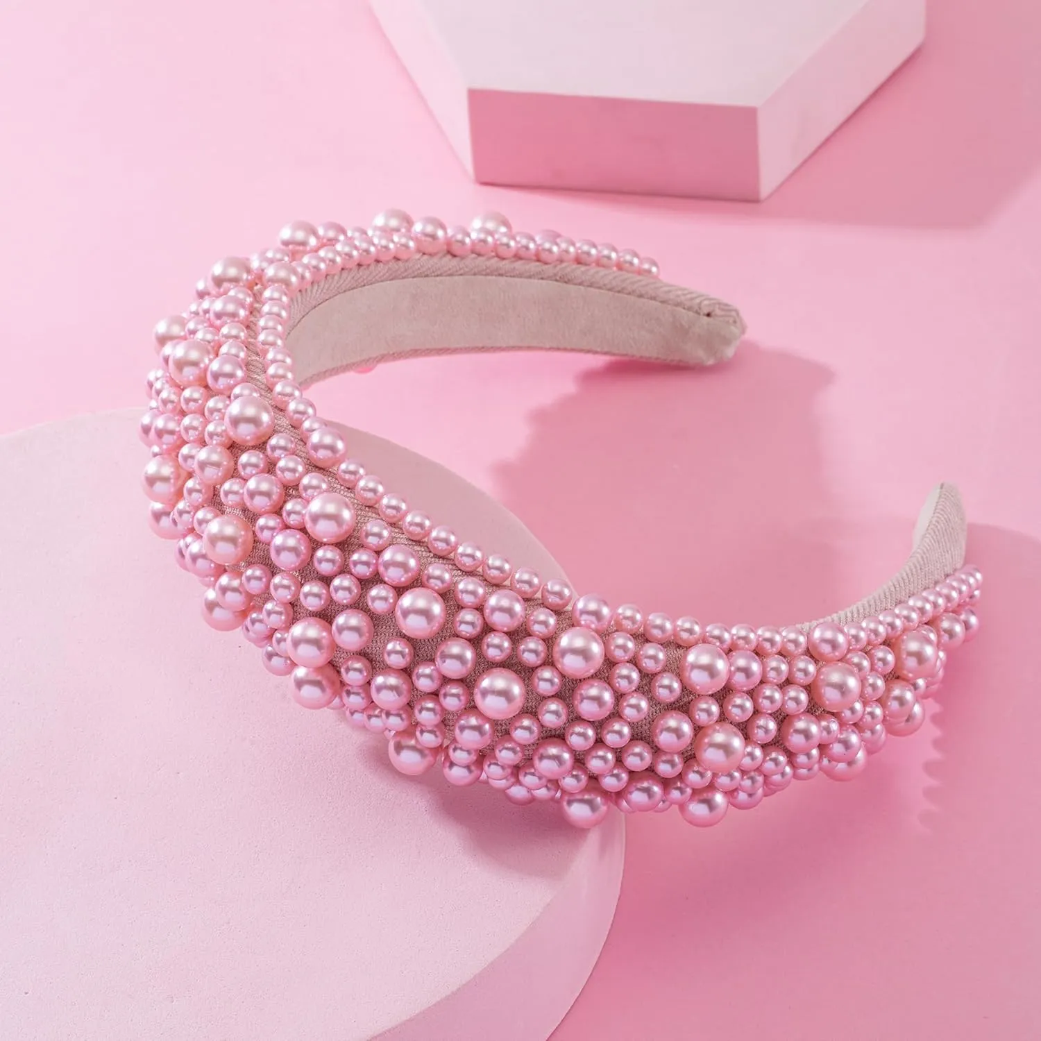 Pearl Headband Pink Headband for Women Fashion Headband Headpieces For Birthday Wedding Cute Thick Beaded Padded Hair Accessories For Women Giftpink
