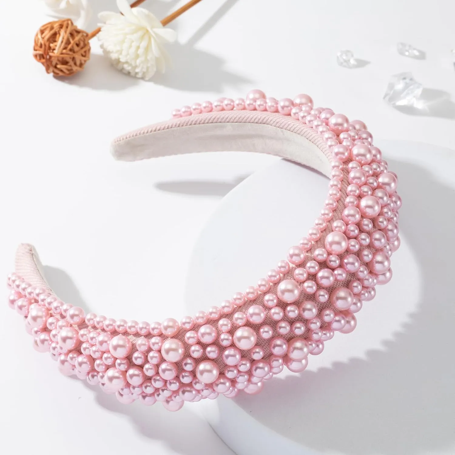 Pearl Headband Pink Headband for Women Fashion Headband Headpieces For Birthday Wedding Cute Thick Beaded Padded Hair Accessories For Women Giftpink