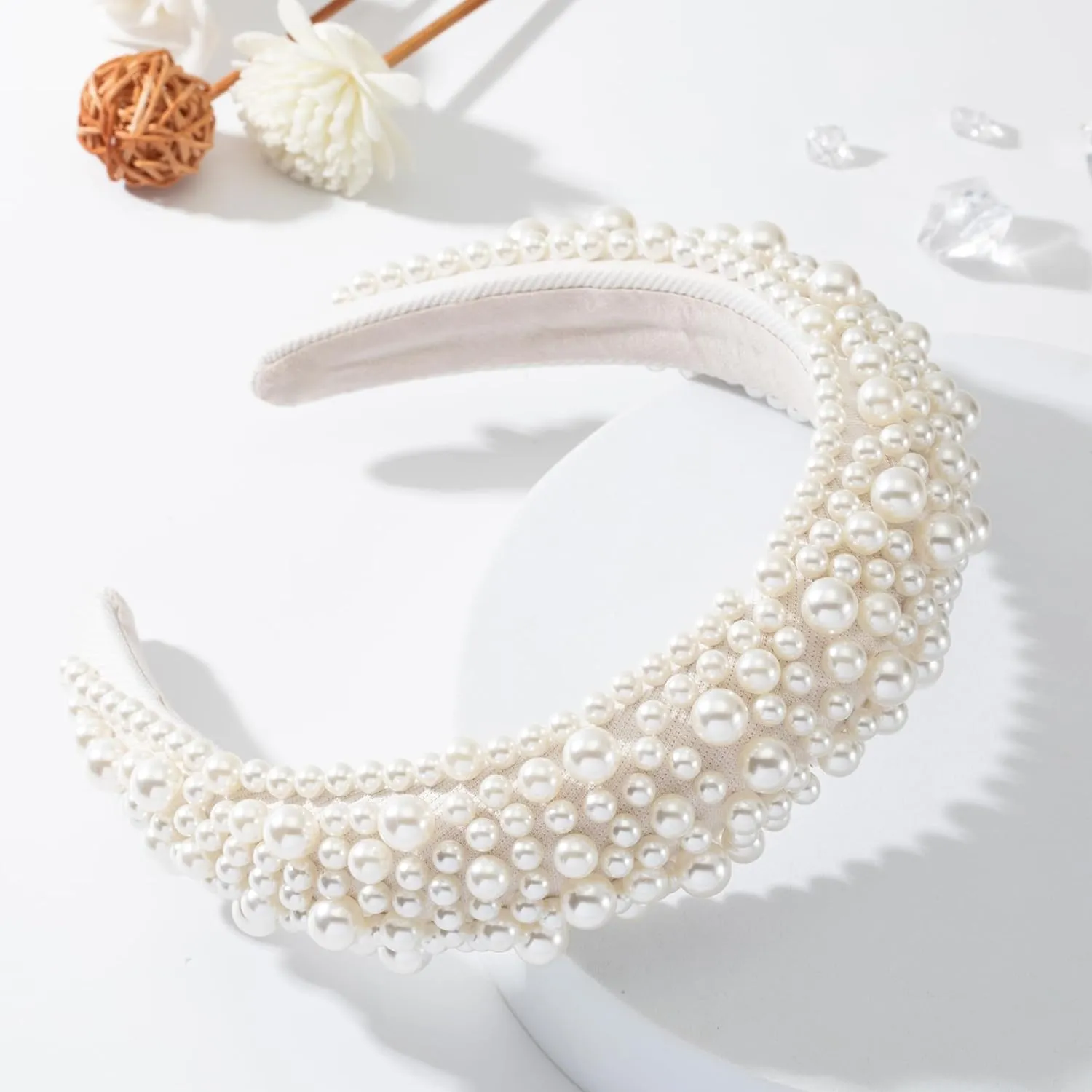 Pearl Headband White Pearl Headband for Women Fashion Bridal Headband Headpieces For Wedding Thick Puffy Beaded Padded Headband Hair Accessories For Herwhite-pearl