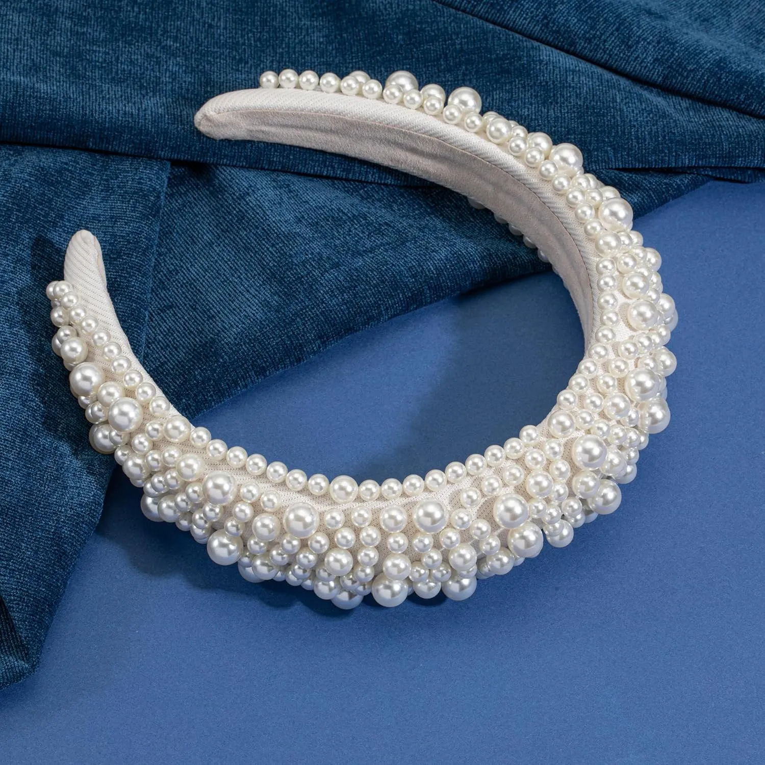 Pearl Headband White Pearl Headband for Women Fashion Bridal Headband Headpieces For Wedding Thick Puffy Beaded Padded Headband Hair Accessories For Herwhite-pearl
