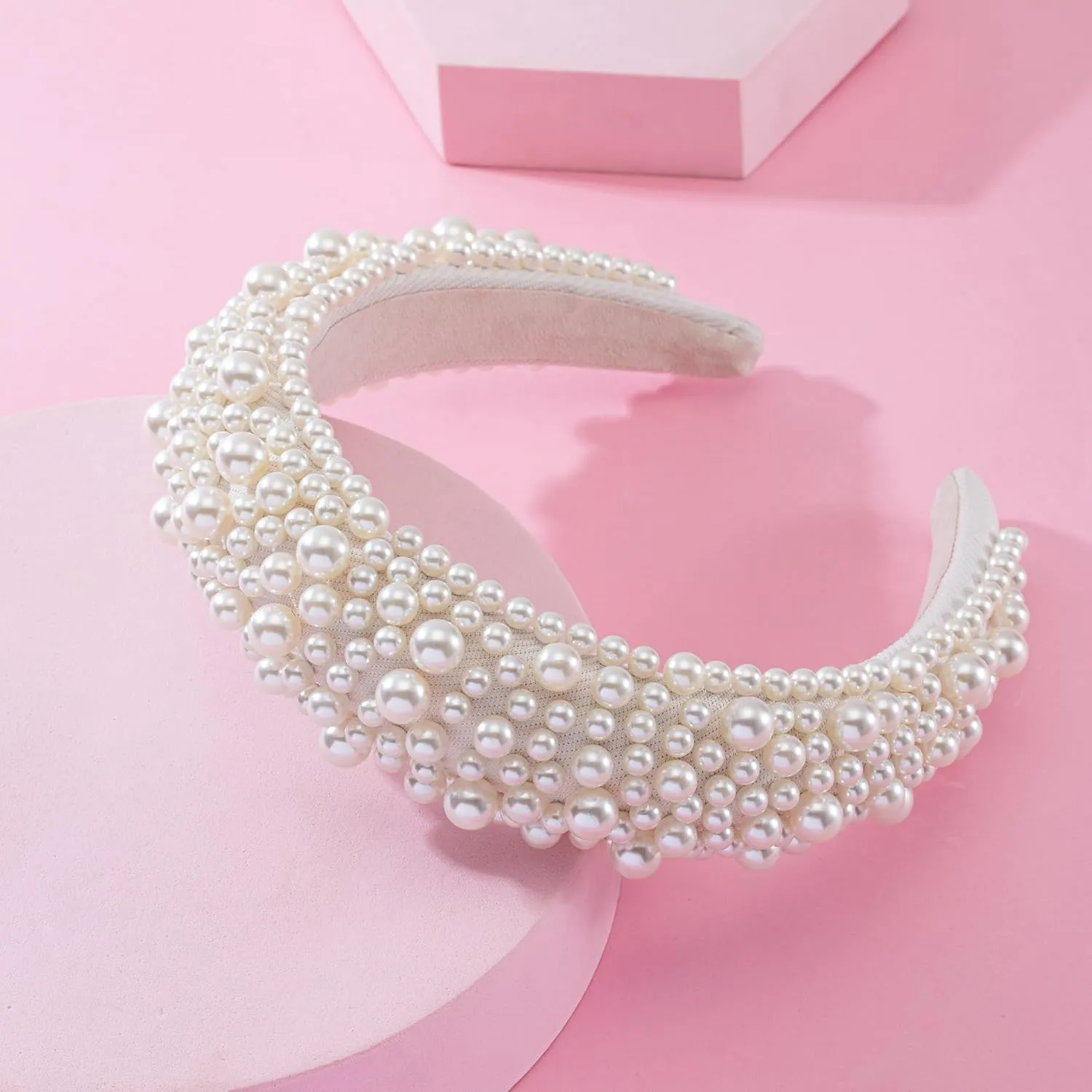 Pearl Headband White Pearl Headband for Women Fashion Bridal Headband Headpieces For Wedding Thick Puffy Beaded Padded Headband Hair Accessories For Herwhite-pearl