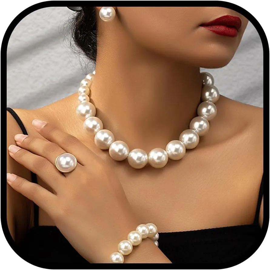 Pearl Jewelry Set for Women Trendy Pearl Necklace and Earring Set Big Pearls Earrings Chunky Pearls Necklaces for Women Wedding Jewelry for Bride Bridesmaid