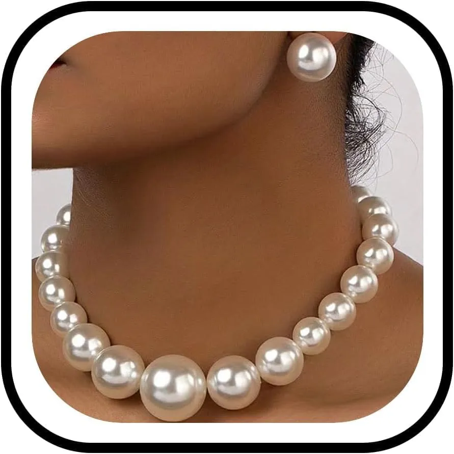 Pearl Jewelry Set for Women Trendy Pearl Necklace and Earring Set Big Pearls Earrings Chunky Pearls Necklaces for Women Wedding Jewelry for Bride Bridesmaid