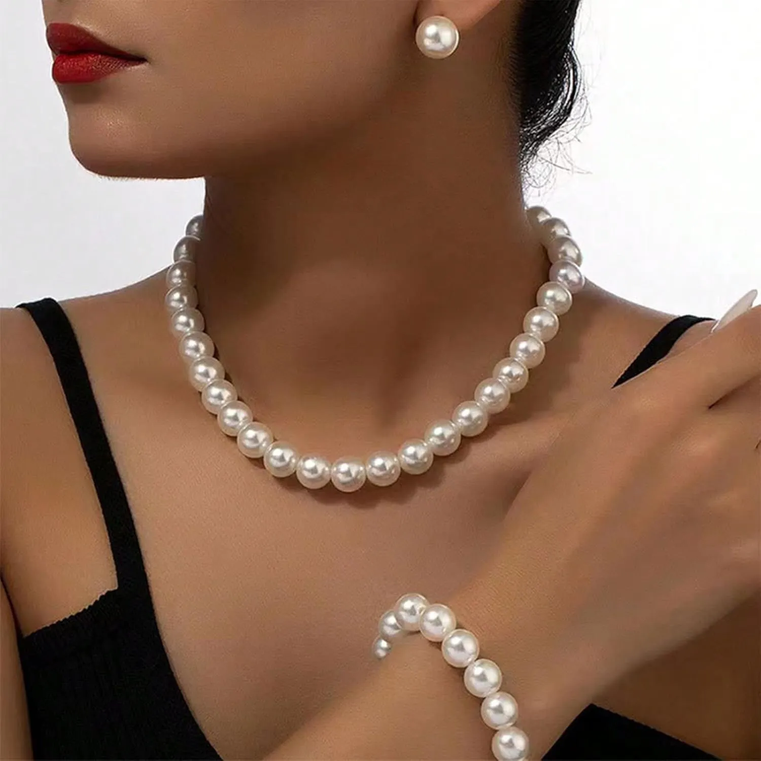 Pearl Jewelry Set for Women Trendy Pearl Necklace and Earring Set Big Pearls Earrings Chunky Pearls Necklaces for Women Wedding Jewelry for Bride Bridesmaid