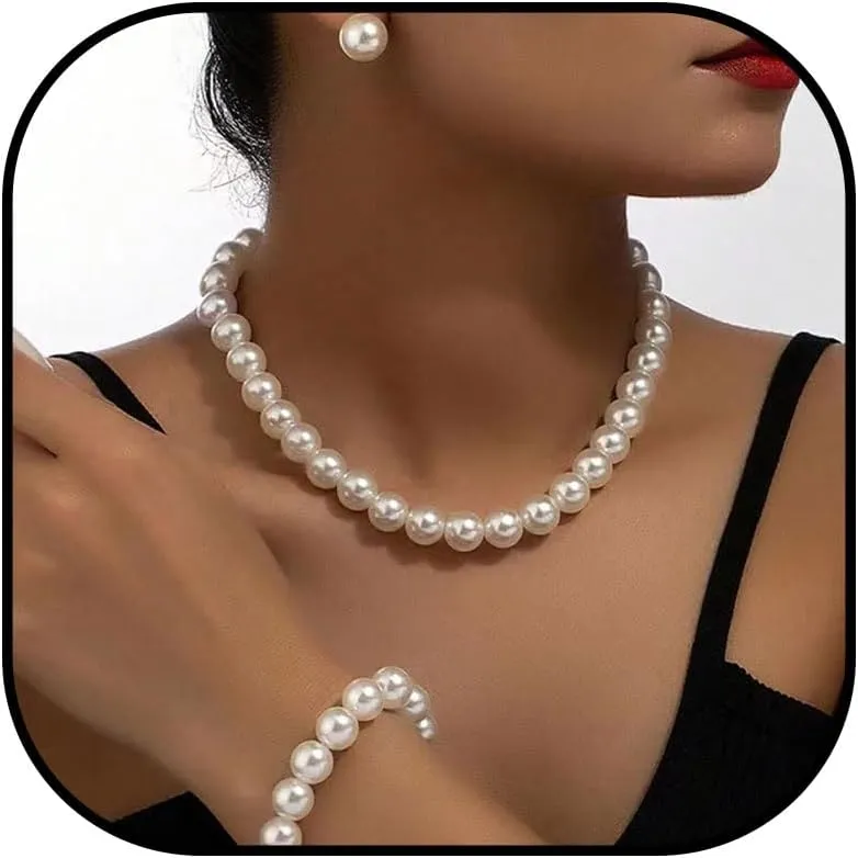 Pearl Jewelry Set for Women Trendy Pearl Necklace and Earring Set Big Pearls Earrings Chunky Pearls Necklaces for Women Wedding Jewelry for Bride Bridesmaid