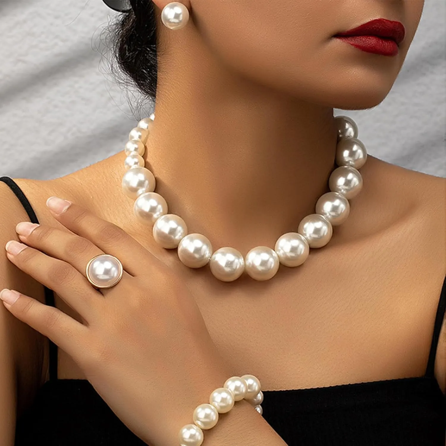 Pearl Jewelry Set for Women Trendy Pearl Necklace and Earring Set Big Pearls Earrings Chunky Pearls Necklaces for Women Wedding Jewelry for Bride Bridesmaid