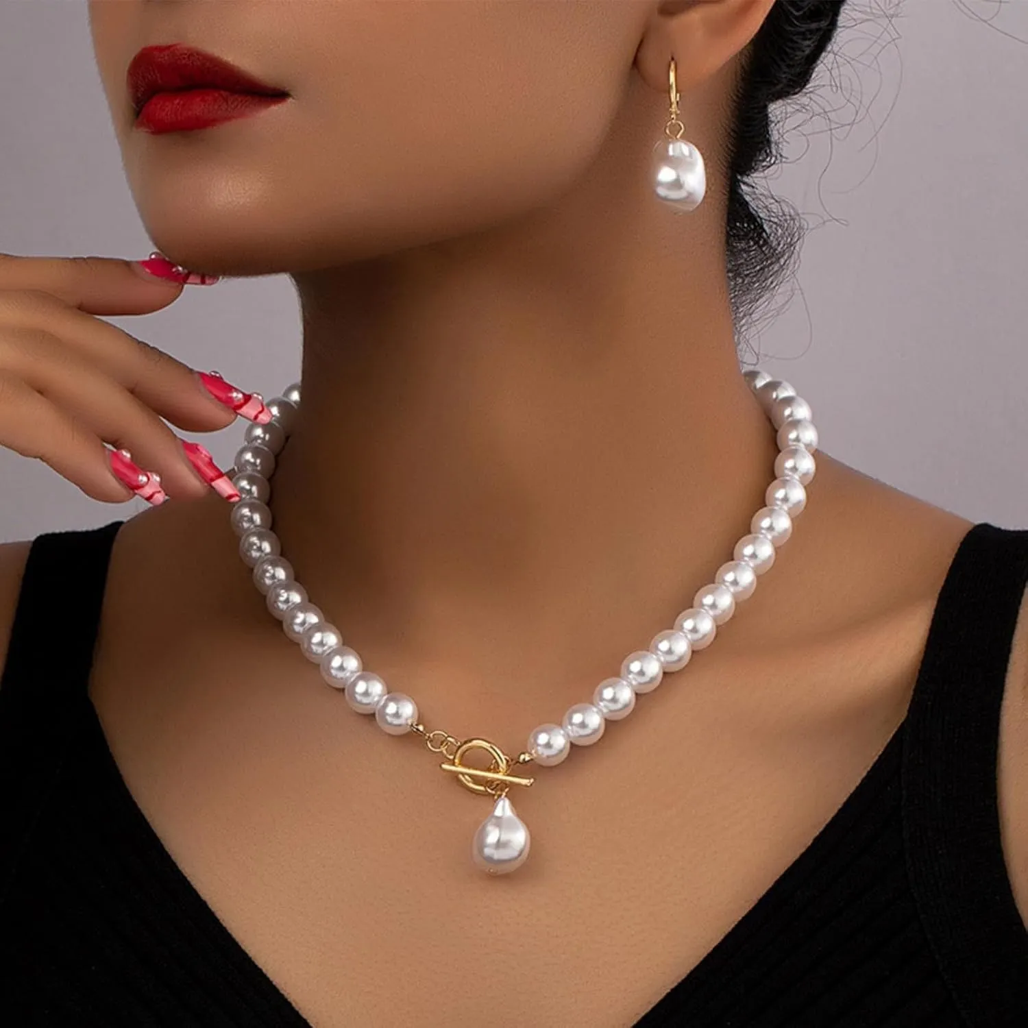 Pearl Jewelry Set for Women Trendy Pearl Necklace and Earring Set Big Pearls Earrings Chunky Pearls Necklaces for Women Wedding Jewelry for Bride Bridesmaid