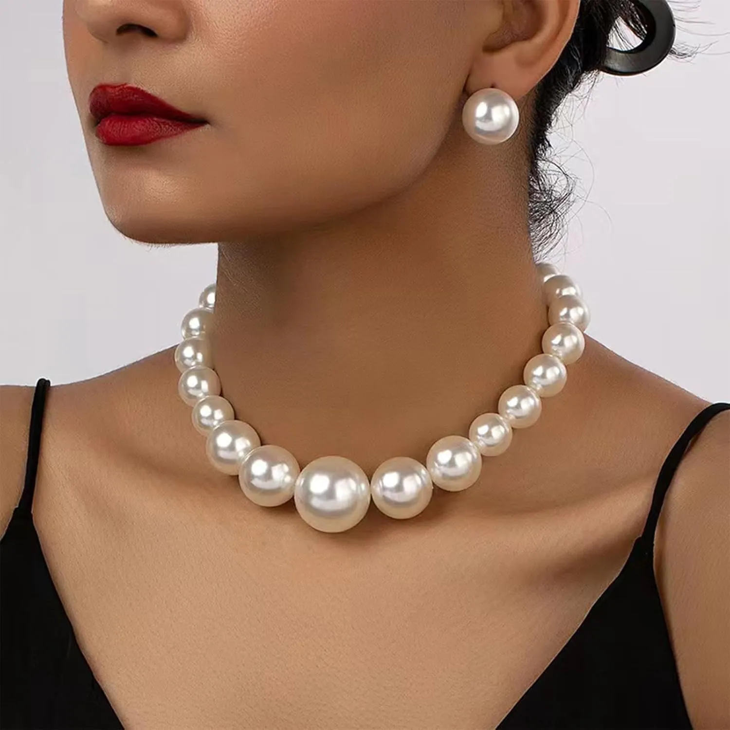 Pearl Jewelry Set for Women Trendy Pearl Necklace and Earring Set Big Pearls Earrings Chunky Pearls Necklaces for Women Wedding Jewelry for Bride Bridesmaid