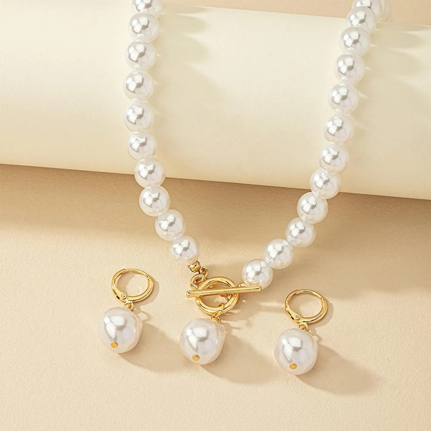 Pearl Jewelry Set for Women Trendy Pearl Necklace and Earring Set Big Pearls Earrings Chunky Pearls Necklaces for Women Wedding Jewelry for Bride Bridesmaid