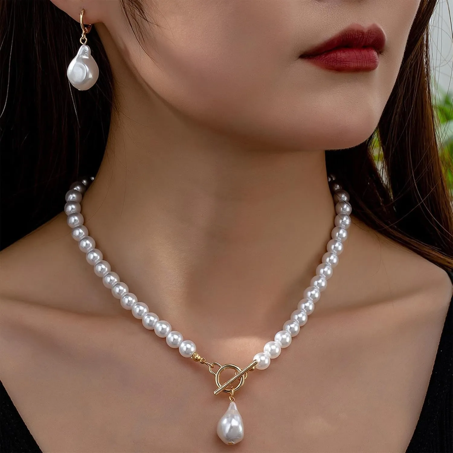 Pearl Jewelry Set for Women Trendy Pearl Necklace and Earring Set Big Pearls Earrings Chunky Pearls Necklaces for Women Wedding Jewelry for Bride Bridesmaid