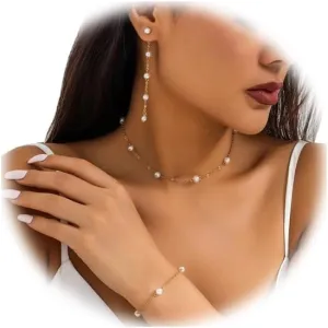 Pearl Necklace for Women Gold Pearl Jewelry Set Adjustable Pearl Choker Necklace Pearl Bracelet Pearl Drop Earrings Dainty Wedding Jewelry for Women (Gold)