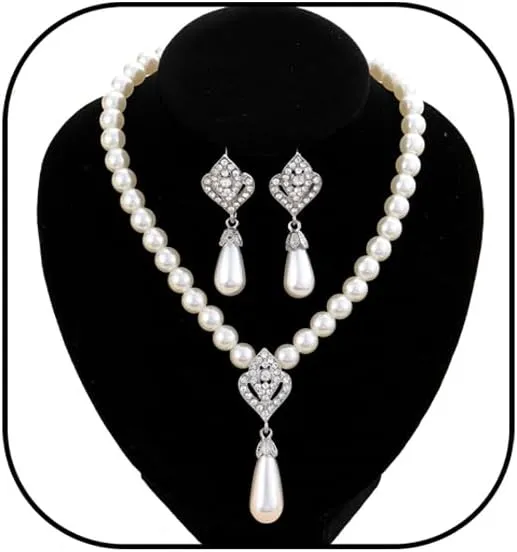 Pearl Necklaces Earrings Set for Women Vintage Pearl Necklace Bracelet Earrings Set Pearl Drop Earrings Pearl Necklace Set Wedding Prom Jewelry Present