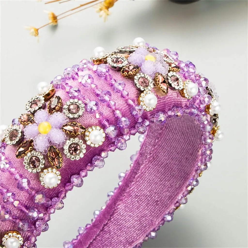 Pearl Rhinestone Floral Hair Bands Velvet Crystal Wide Edge Hair Accessories