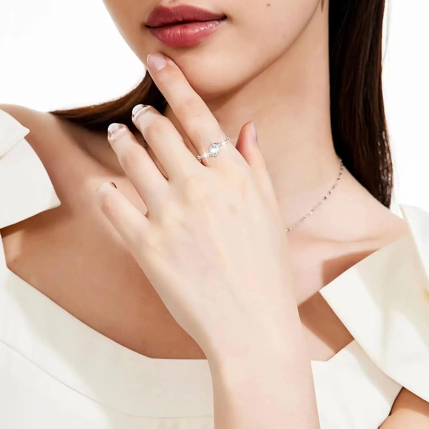 Pearl Ring for Women Inlaid Zircon Minimalist Design Anniversary Ring Elegant Jewelry (Rose Gold, One Size)