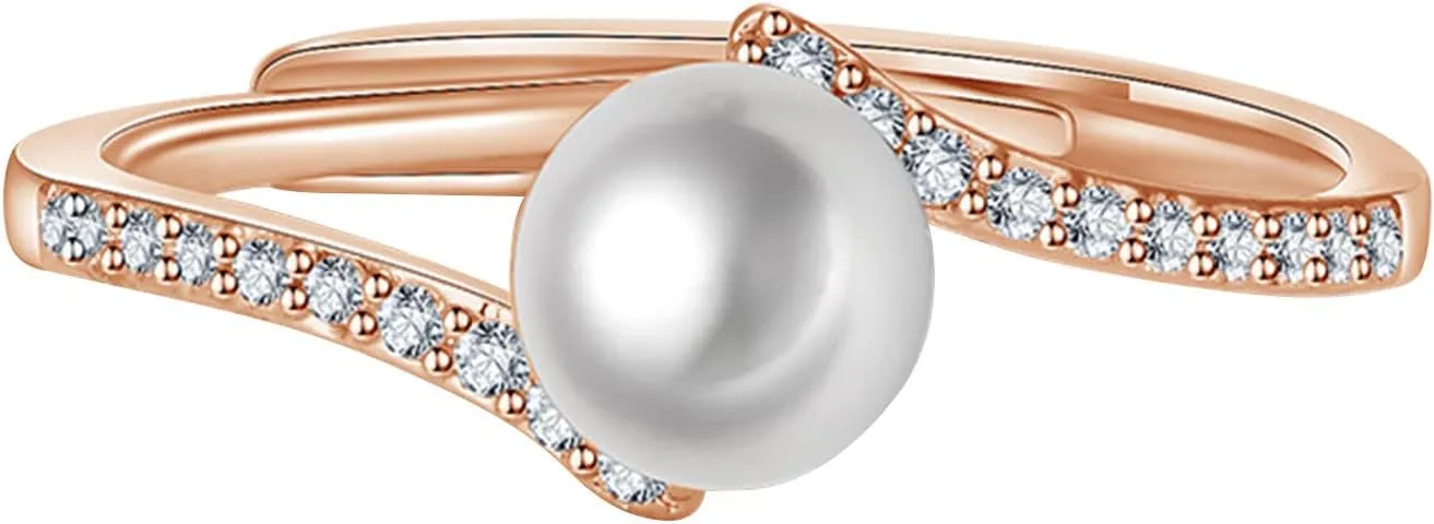 Pearl Ring for Women Inlaid Zircon Minimalist Design Anniversary Ring Elegant Jewelry (Rose Gold, One Size)