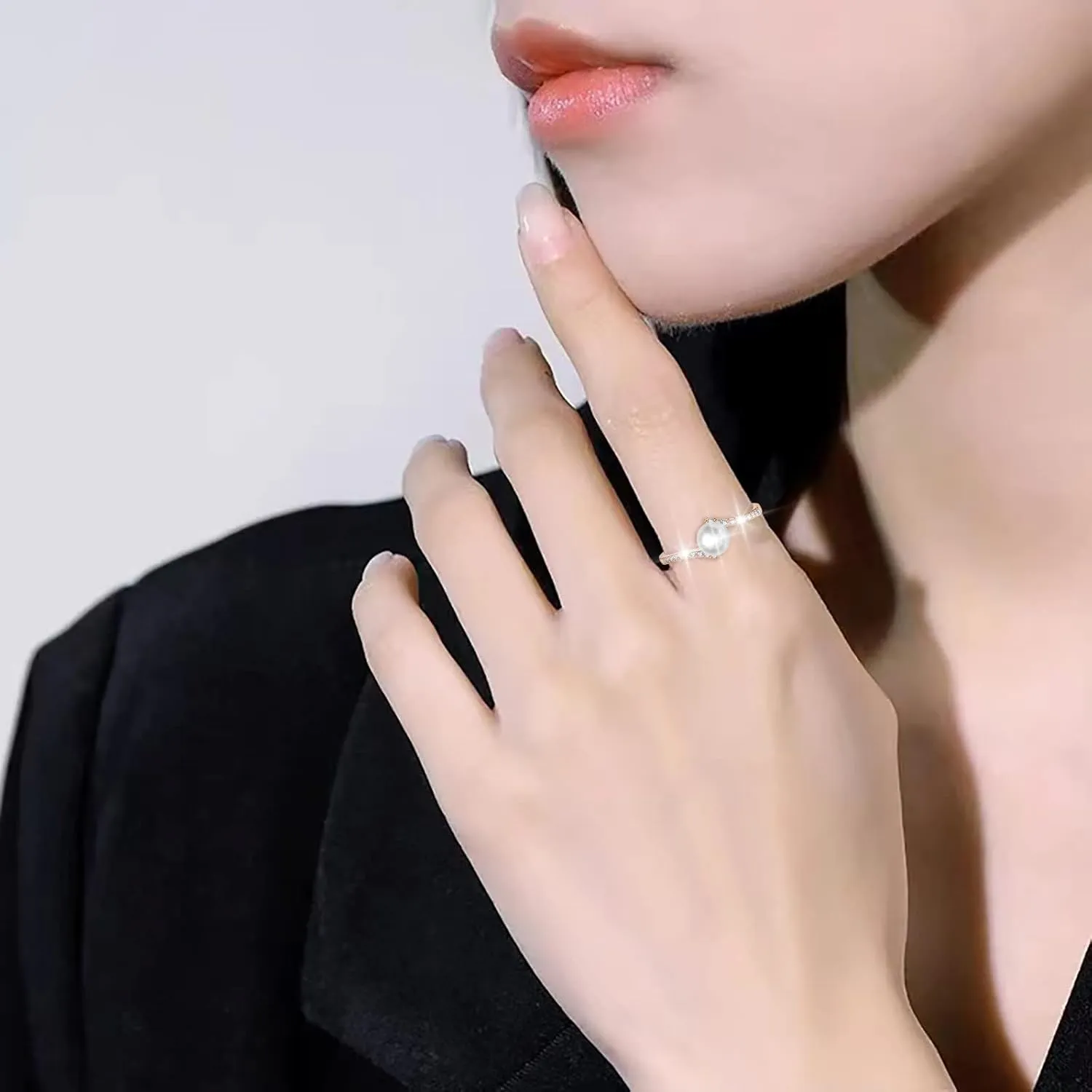 Pearl Ring for Women Inlaid Zircon Minimalist Design Anniversary Ring Elegant Jewelry (Rose Gold, One Size)