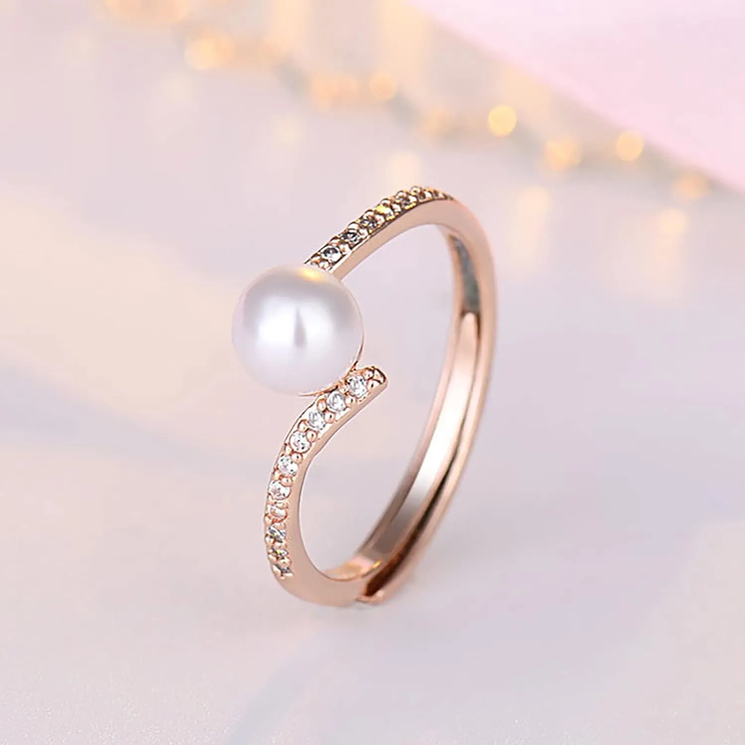 Pearl Ring for Women Inlaid Zircon Minimalist Design Anniversary Ring Elegant Jewelry (Rose Gold, One Size)