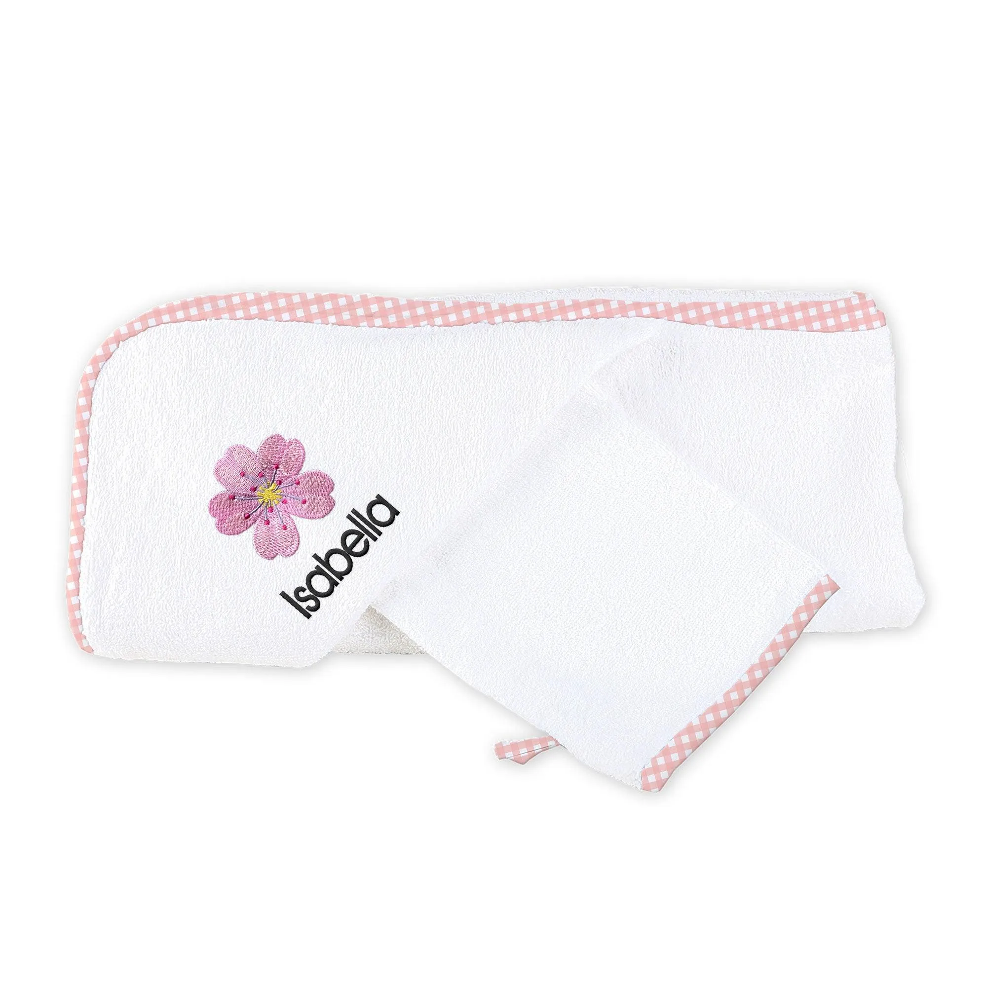 Personalized Cherry Blossom Emoji Hooded Towel & Wash Mitt Set