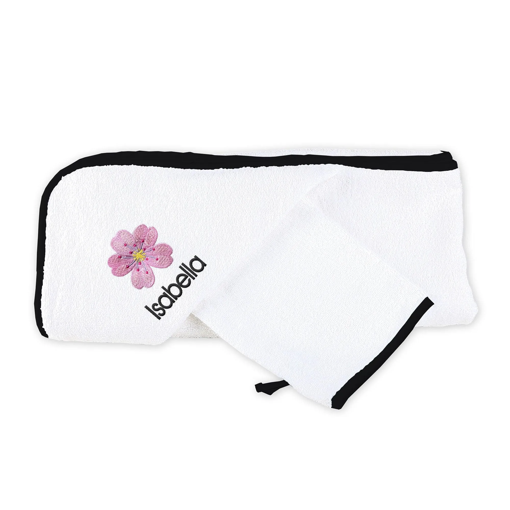 Personalized Cherry Blossom Emoji Hooded Towel & Wash Mitt Set