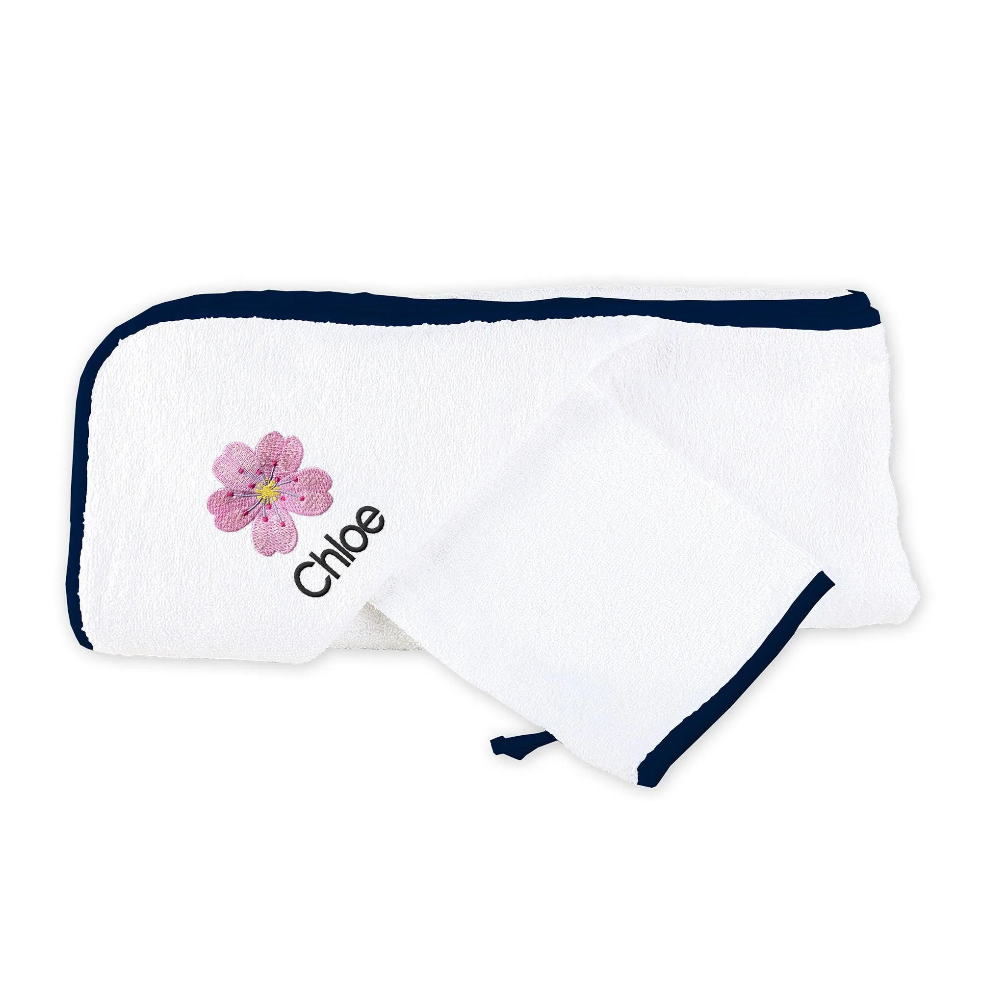 Personalized Cherry Blossom Emoji Hooded Towel & Wash Mitt Set