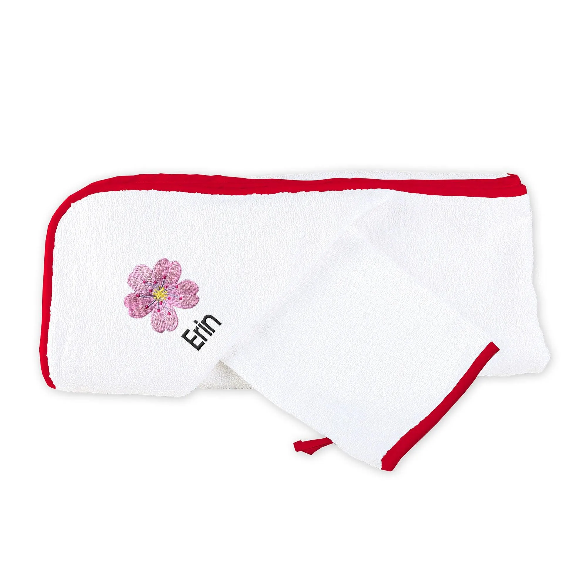 Personalized Cherry Blossom Emoji Hooded Towel & Wash Mitt Set