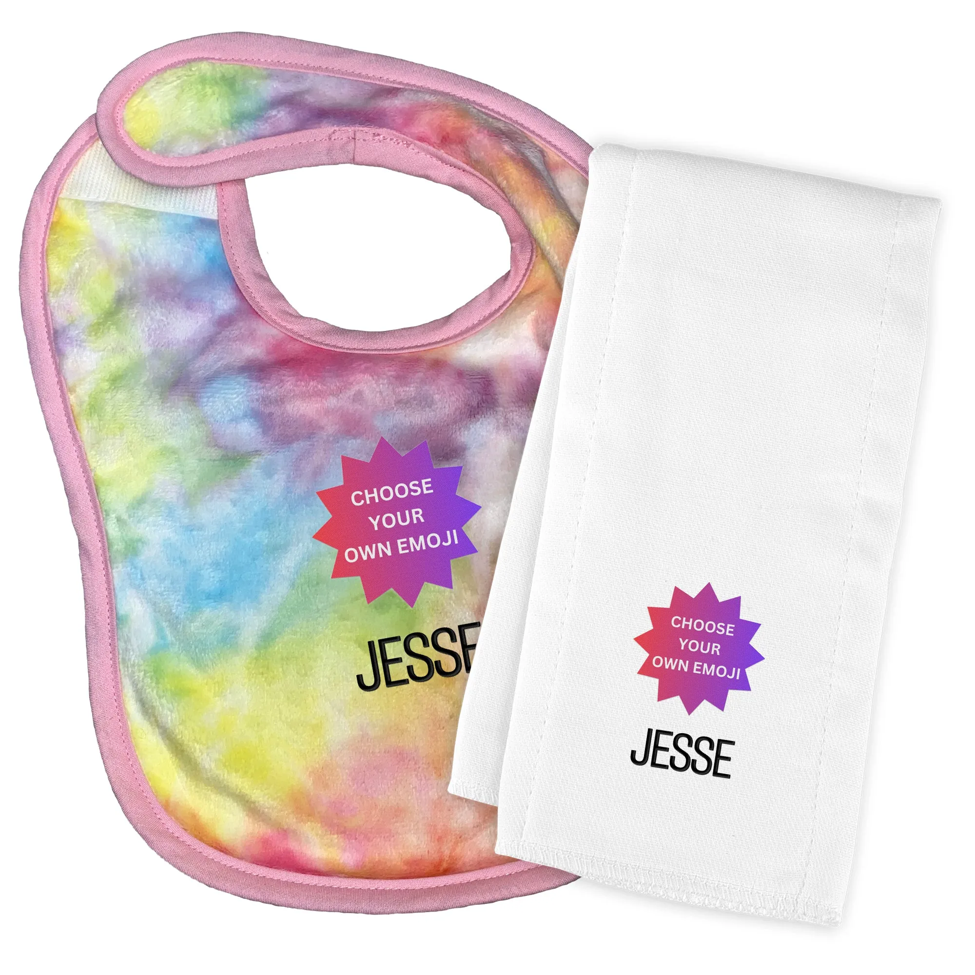 Personalized Choose Your Own Emoji Plush Bib & Burp Cloth Set