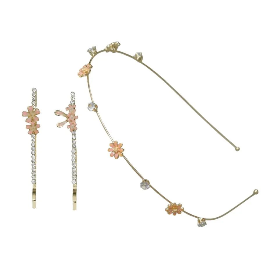 Pink Blossom and Crystal Hair Adornment Set with Rhinestone and  Pearl- Pack of 3,  Golden Pink And White