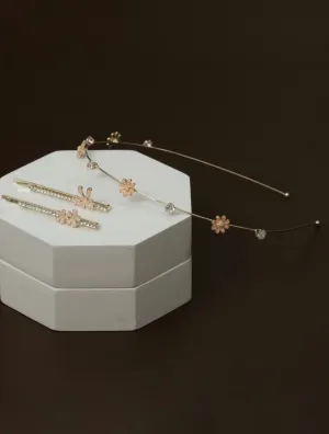 Pink Blossom and Crystal Hair Adornment Set with Rhinestone and  Pearl- Pack of 3,  Golden Pink And White