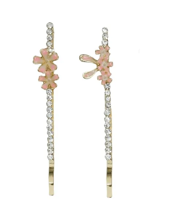 Pink Blossom and Crystal Hair Adornment Set with Rhinestone and  Pearl- Pack of 3,  Golden Pink And White