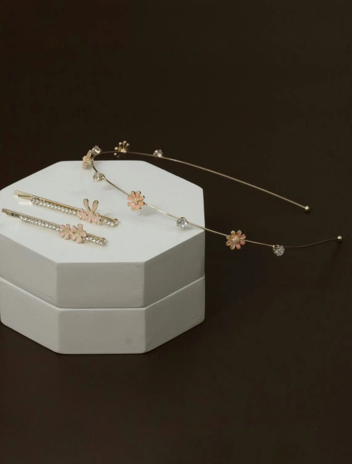 Pink Blossom and Crystal Hair Adornment Set with Rhinestone and  Pearl- Pack of 3,  Golden Pink And White
