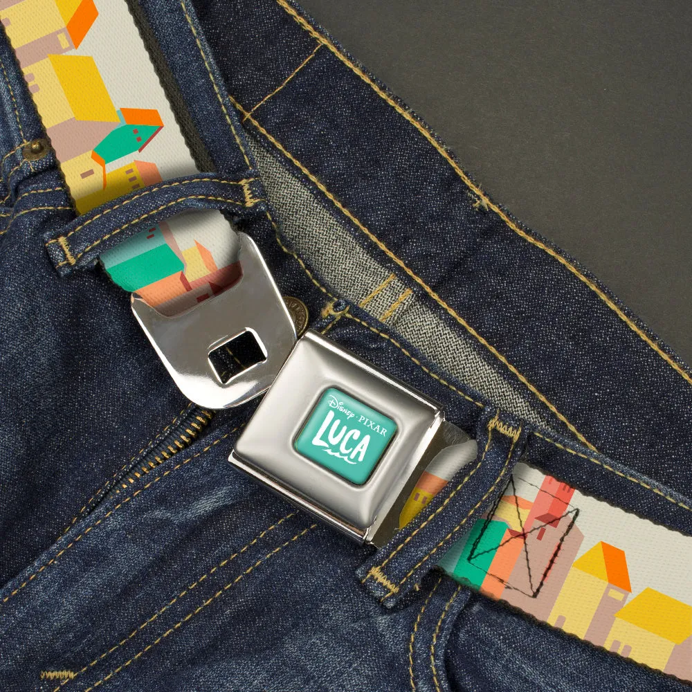 Pixar LUCA Text Logo Full Color Turquoise/White Seatbelt Belt - Luca Italian Riviera Village White/Multi Color Webbing