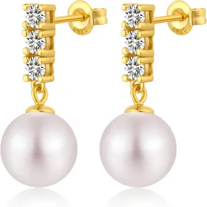 Platinum-Plated Pearl Diamond Stud Earrings for Women 925 Sterling Silver Cubic Zirconia Pearl Dangle Earrings 10MM Pearl Jewelry for Women