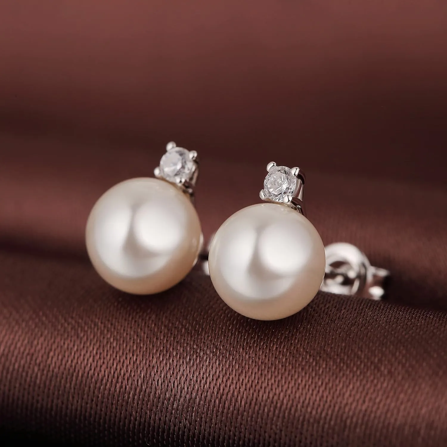 Platinum-Plated Pearl Diamond Stud Earrings for Women 925 Sterling Silver Small Cubic Zirconia Pearl Earrings 8MM Pearl Jewelry for Women
