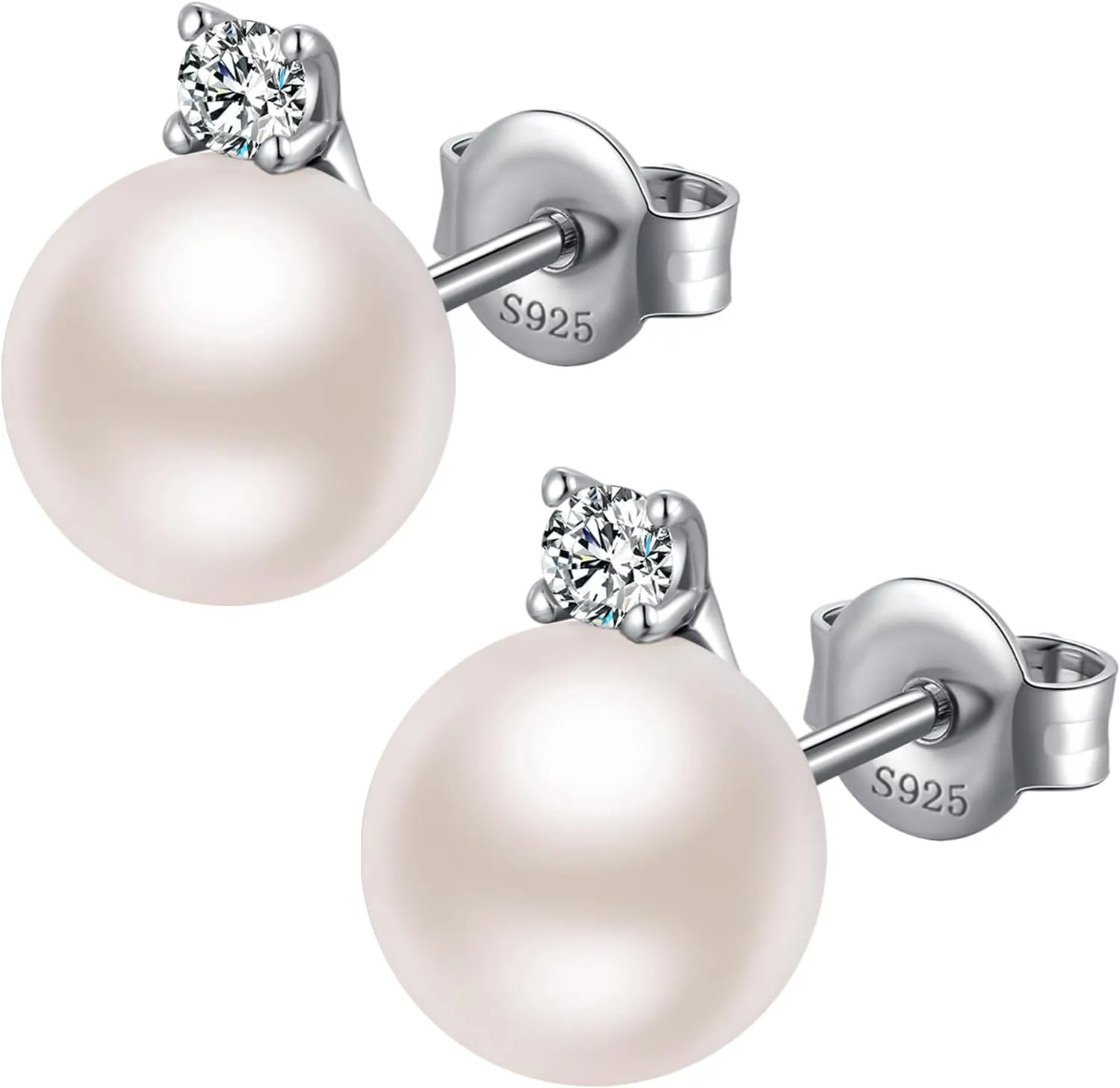 Platinum-Plated Pearl Diamond Stud Earrings for Women 925 Sterling Silver Small Cubic Zirconia Pearl Earrings 8MM Pearl Jewelry for Women