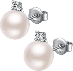 Platinum-Plated Pearl Diamond Stud Earrings for Women 925 Sterling Silver Small Cubic Zirconia Pearl Earrings 8MM Pearl Jewelry for Women