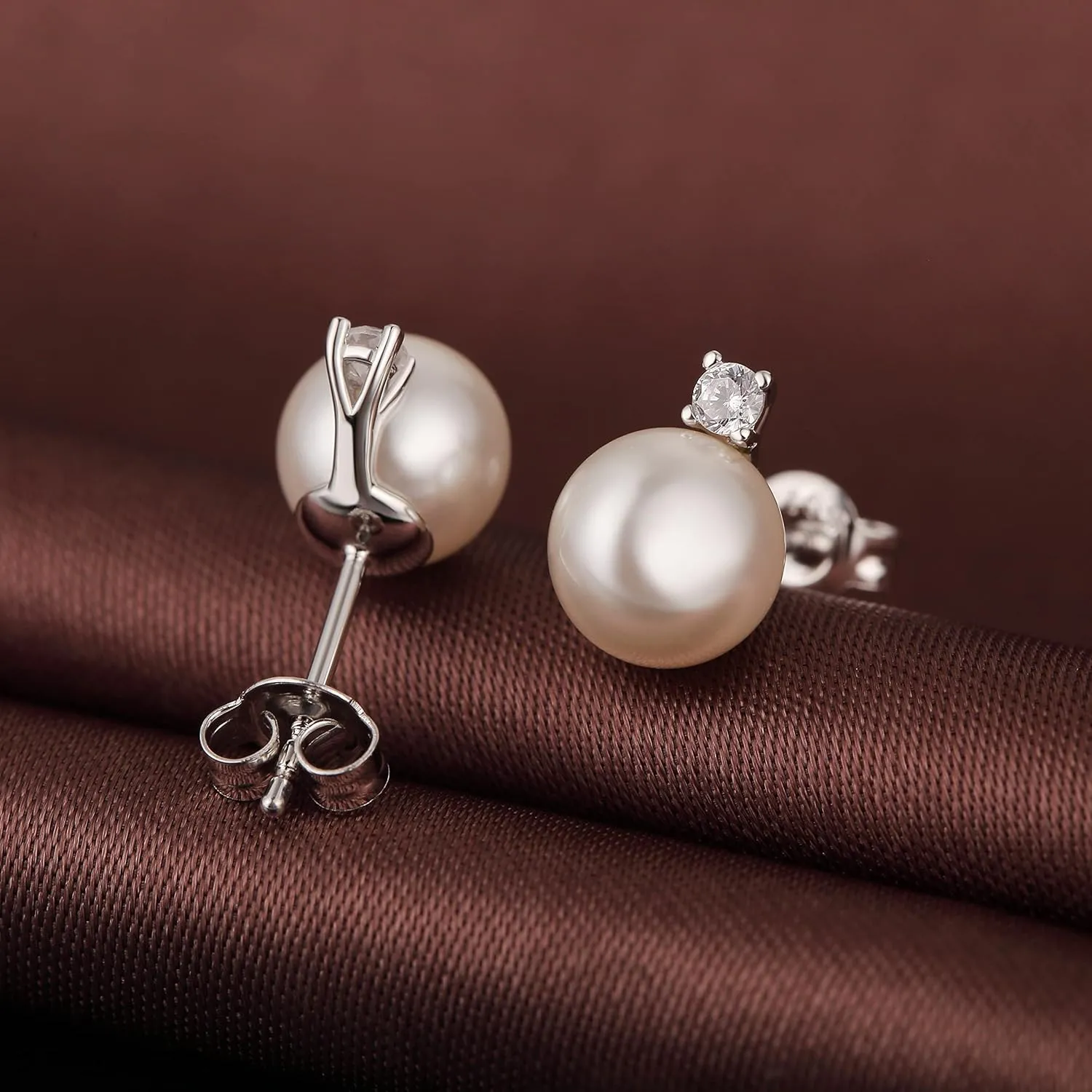 Platinum-Plated Pearl Diamond Stud Earrings for Women 925 Sterling Silver Small Cubic Zirconia Pearl Earrings 8MM Pearl Jewelry for Women