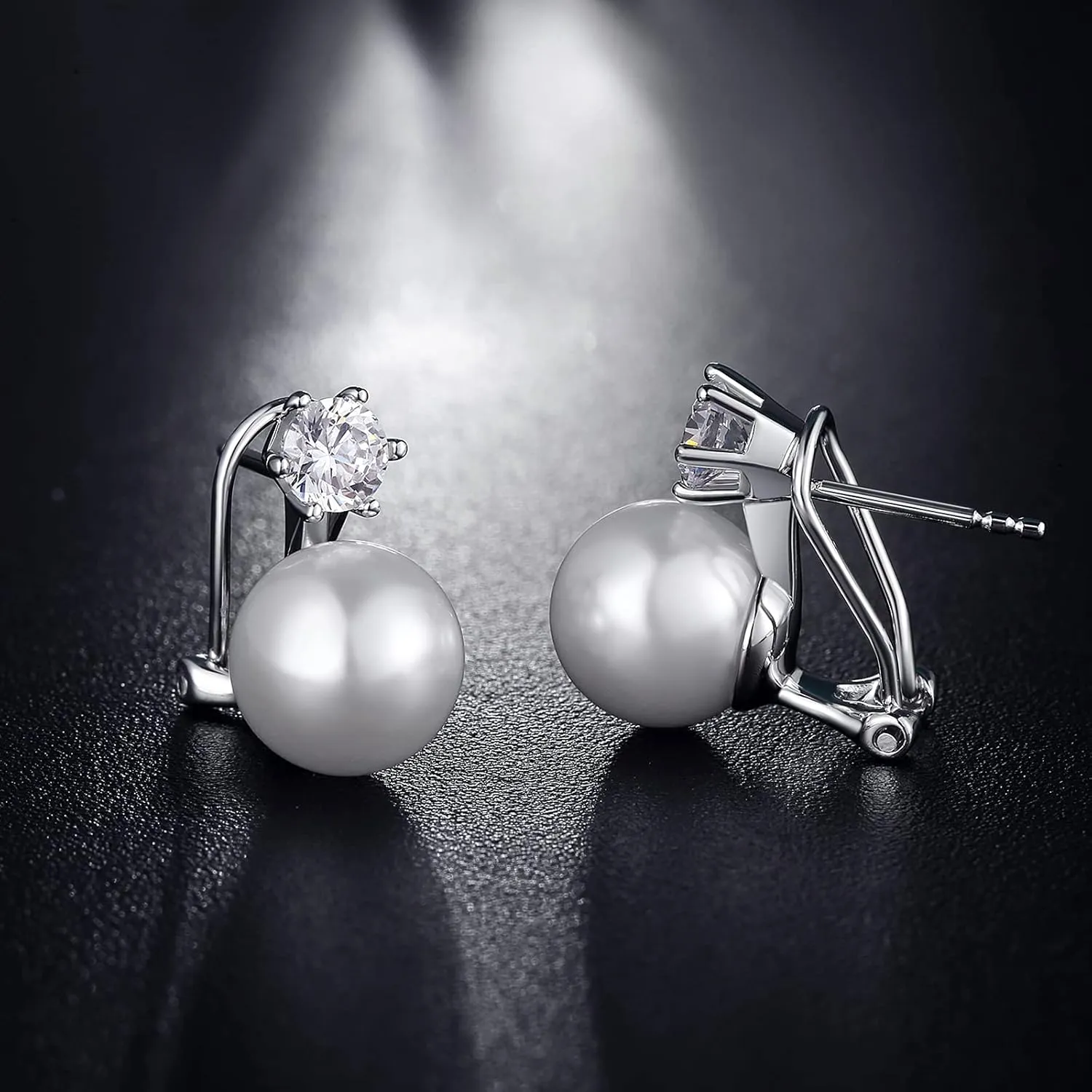 Platinum-Plated Pearl Stud Earrings - Sterling Silver & Diamond Dangle Earrings