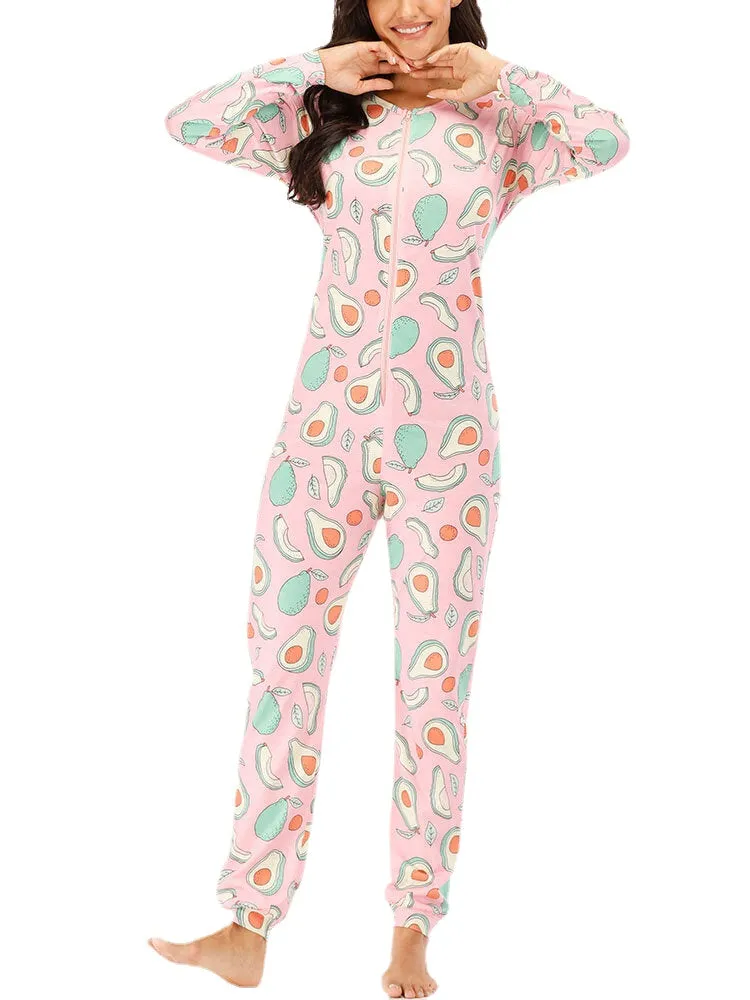 Plus Size Women V-Neck Avocado Print Zipper Long Sleeve Pants Rompers Home Home Onepieces Sleepwear